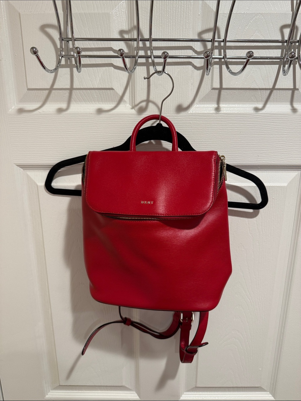 DKNY Red Leather Backpack with Gold Hardware